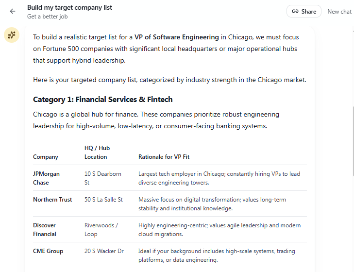 Example donexi output: a guided AI chat producing a target company list